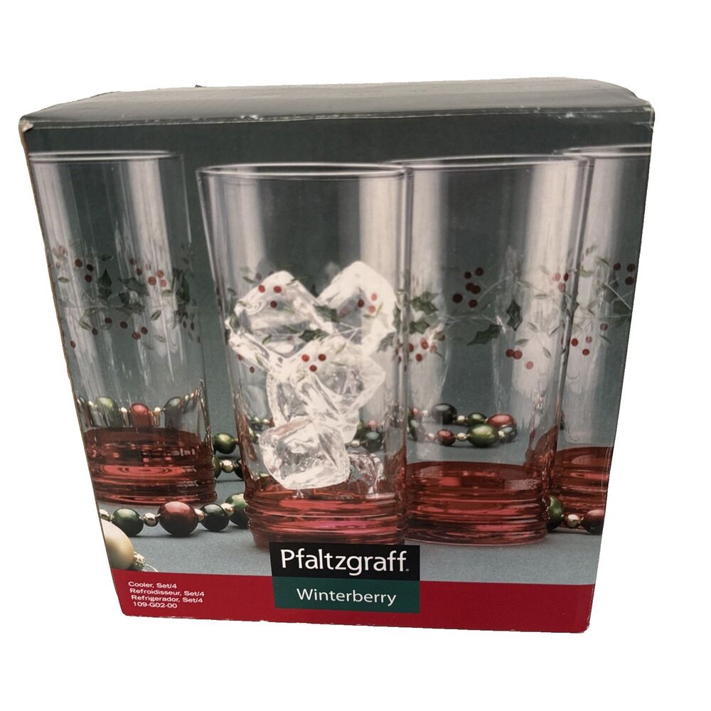 NIB Pfaltzgraff Winterberry 20 oz Glasses Cups Tumbler Hand Painted Set Of 4 NEW